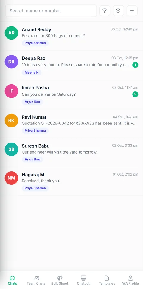 BizFlow inbox on a phone, listing WhatsApp chats with the assigned team member under each