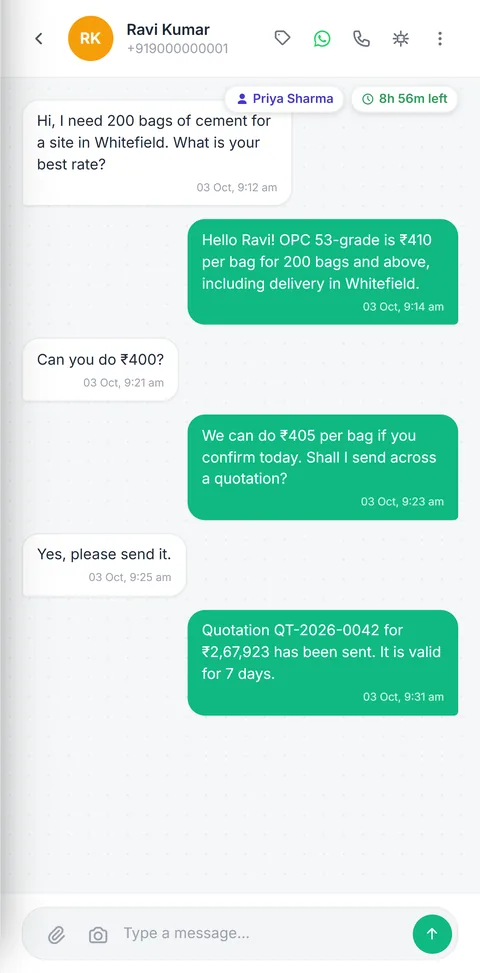 A WhatsApp conversation in BizFlow on a phone: a customer asks for a cement rate, negotiates, and receives a quotation