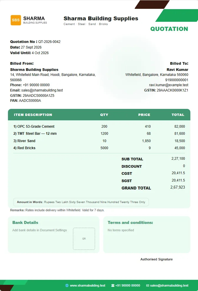 A quotation PDF created in BizFlow for an example building supplies business, with items, GST and grand total